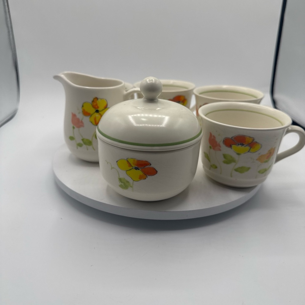 Nikko Vintage Flower Dance Full Bloom Sugar Bowl with Lid, Creamer and 4 tea cup